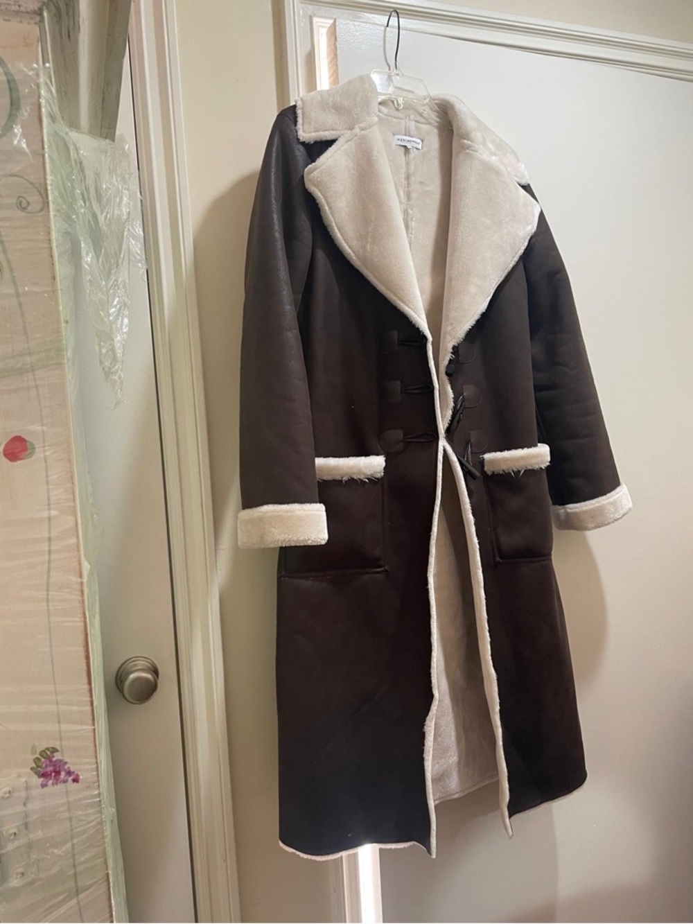WeWoreWhat Brown Trench Coat with Cream Shearling Trim